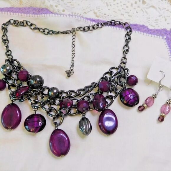 Purple Beaded Gunmetal Necklace and Purple Glass Earrings Set - Picture 1 of 5